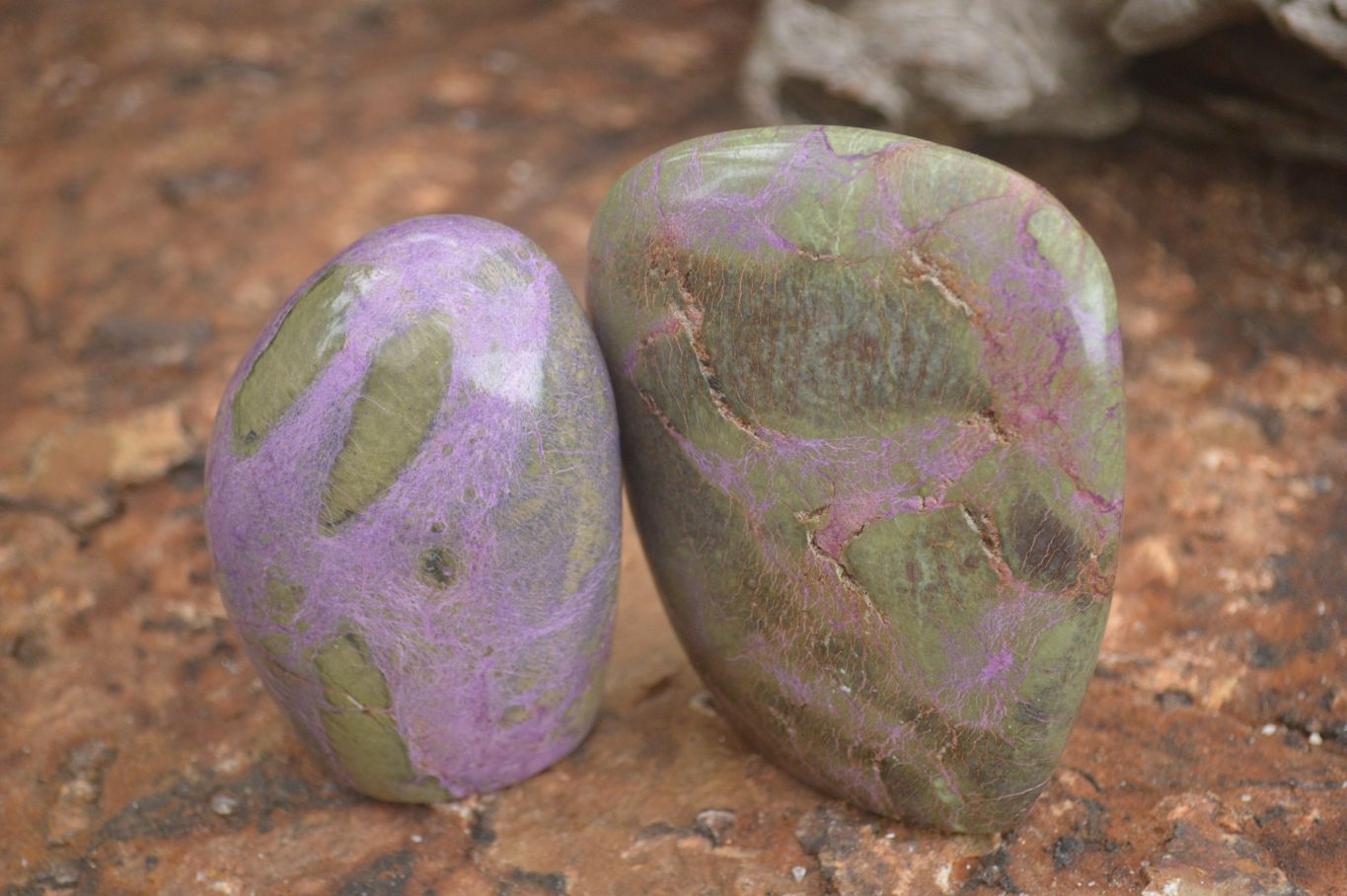 Polished Stichtite & Serpentine Standing Free Forms With Silky Purple Threads  x 3 From Barberton, South Africa - TopRock