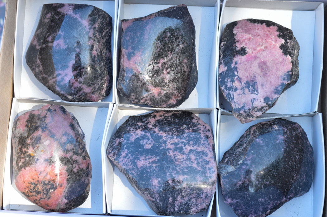 Polished One Side Polished Rhodonite Free Forms  x 6 From Ambindavato, Madagascar - TopRock