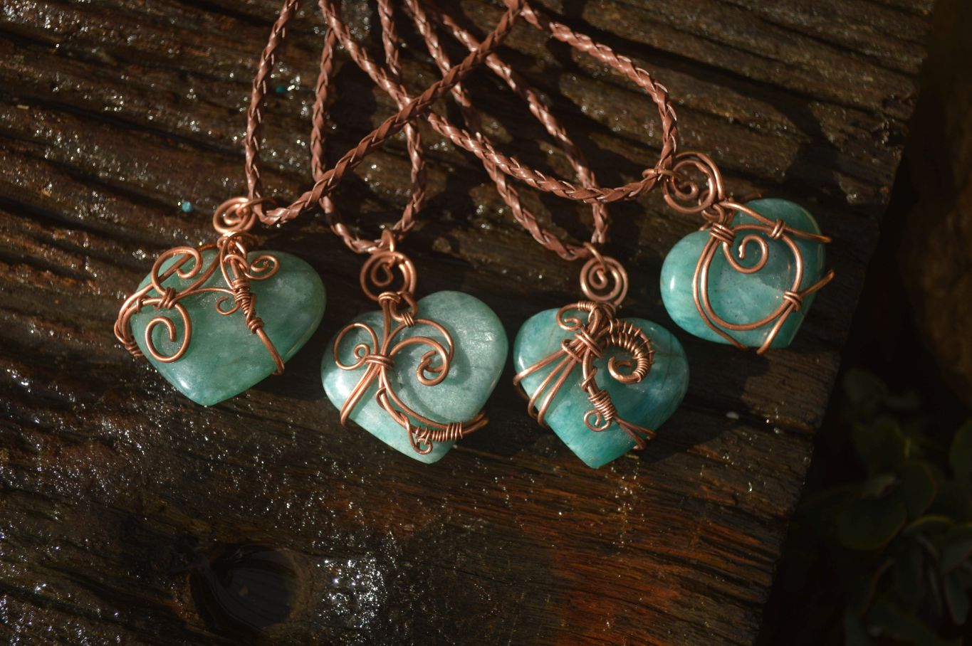 Polished Small Amazonite Heart Copper Wire Wrapped Pendants - Sold Per Piece -  From Madagascar - Toprock Gemstones and Minerals 
