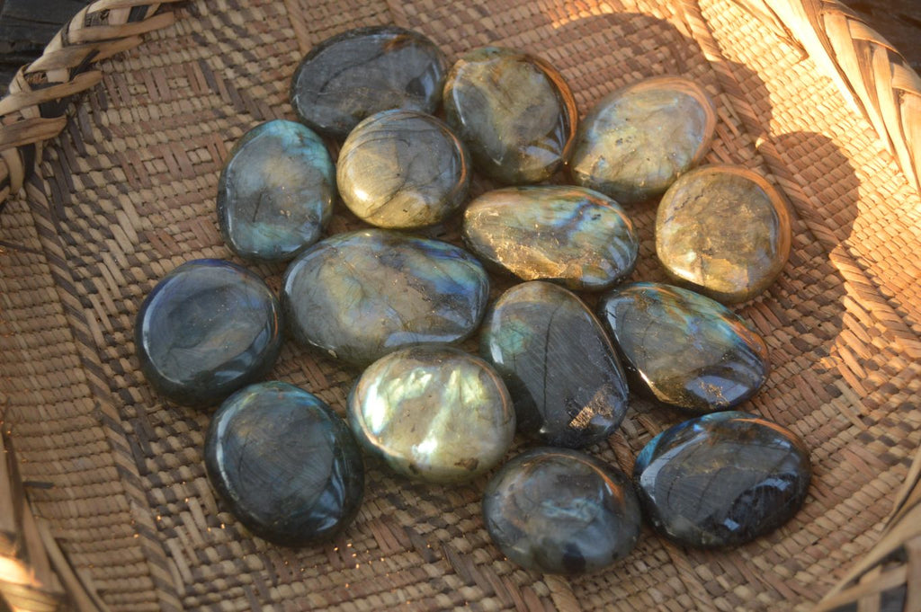 Polished  Flashy Labradorite Palm Stones  x 20 From Tulear, Madagascar - Toprock Gemstones and Minerals 