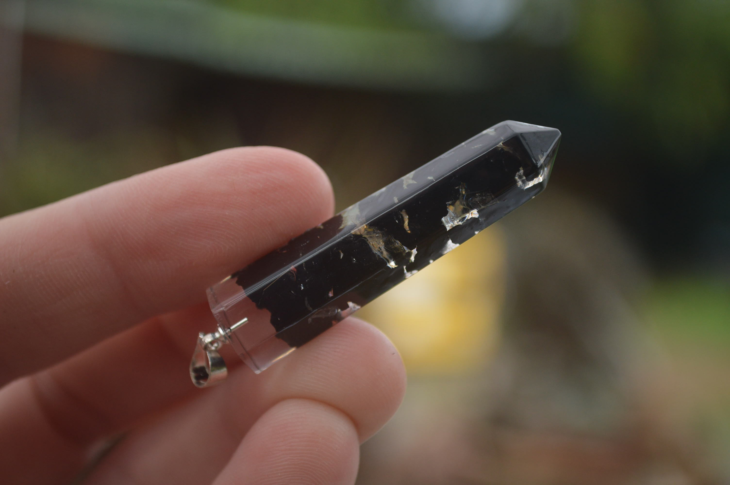 Polished Packaged Hand Crafted Resin Pendant with Tourmalinated Quartz Chips - sold per piece - From Bulwer, South Africa - TopRock