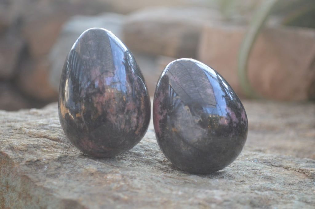 Polished Pink & Black Rhodonite Eggs x 6 From Madagascar - Toprock Gemstones and Minerals 