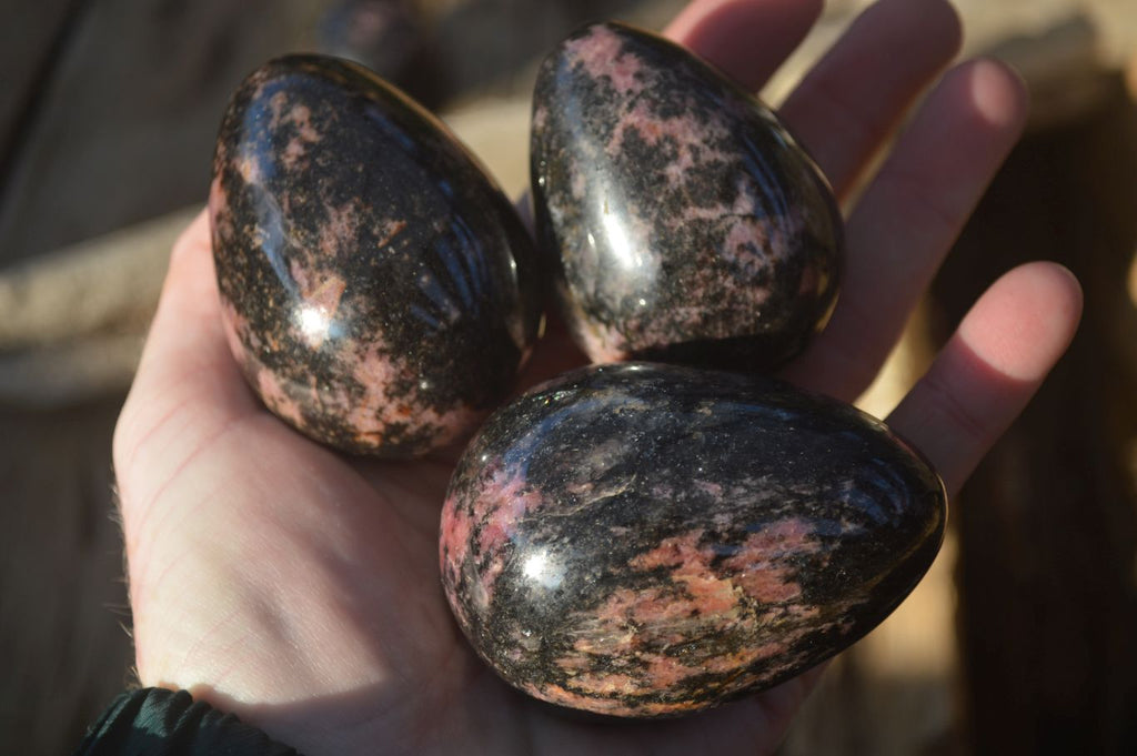 Polished Pink & Black Rhodonite Eggs x 6 From Madagascar - Toprock Gemstones and Minerals 