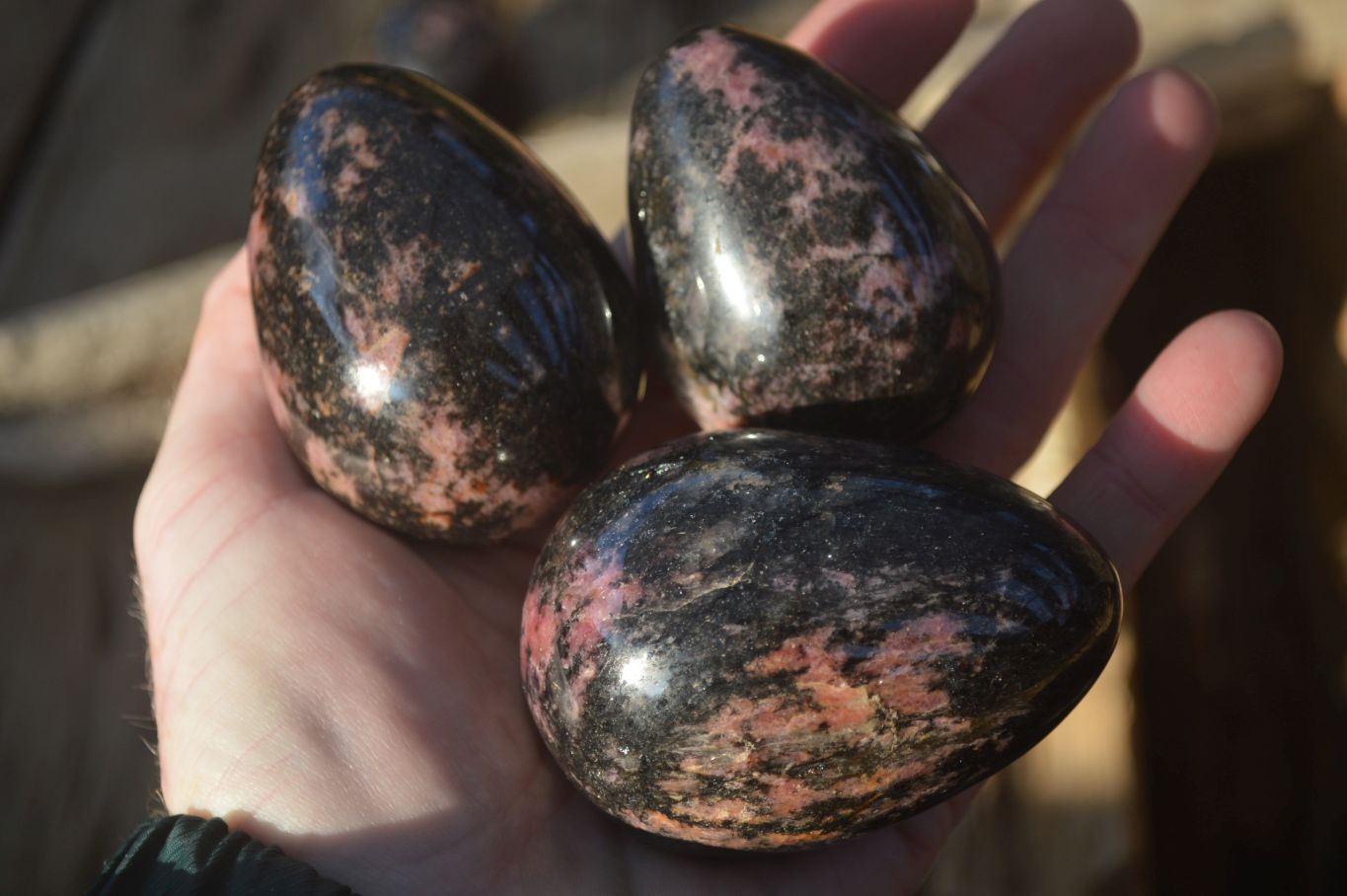 Polished Pink & Black Rhodonite Eggs x 6 From Madagascar - Toprock Gemstones and Minerals 