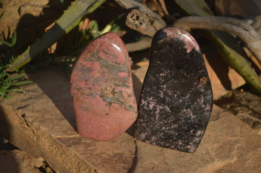 Polished Rhodonite and Chromite Standing Display Free Forms x 2 From Madagascar - Toprock Gemstones and Minerals 