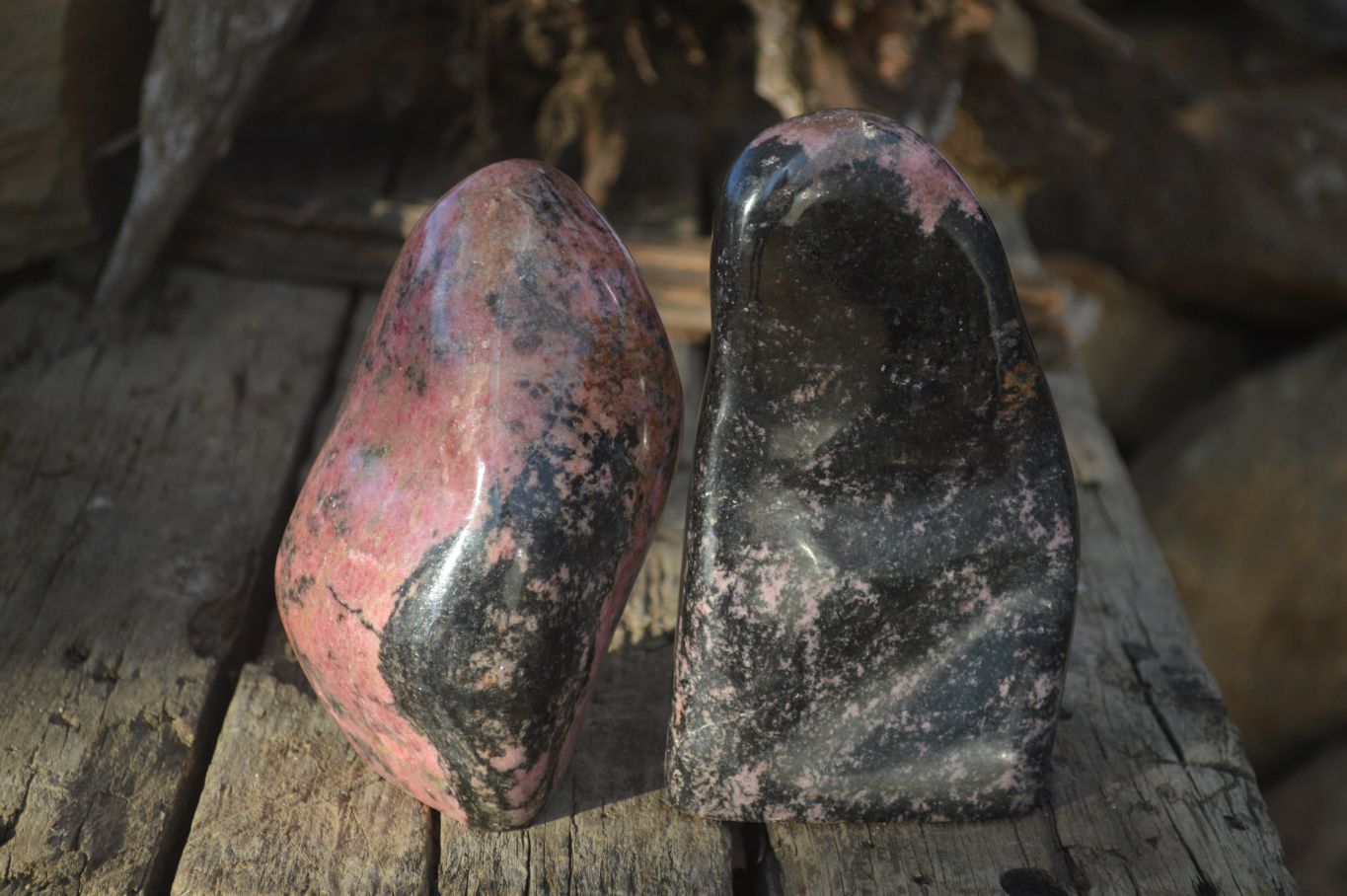Polished Rhodonite and Chromite Standing Display Free Forms x 2 From Madagascar - Toprock Gemstones and Minerals 