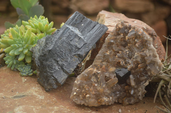 Natural Schorl Black Tourmaline & Smokey Quartz Specimens x 2 From Erongo Mountains, Namibia - TopRock