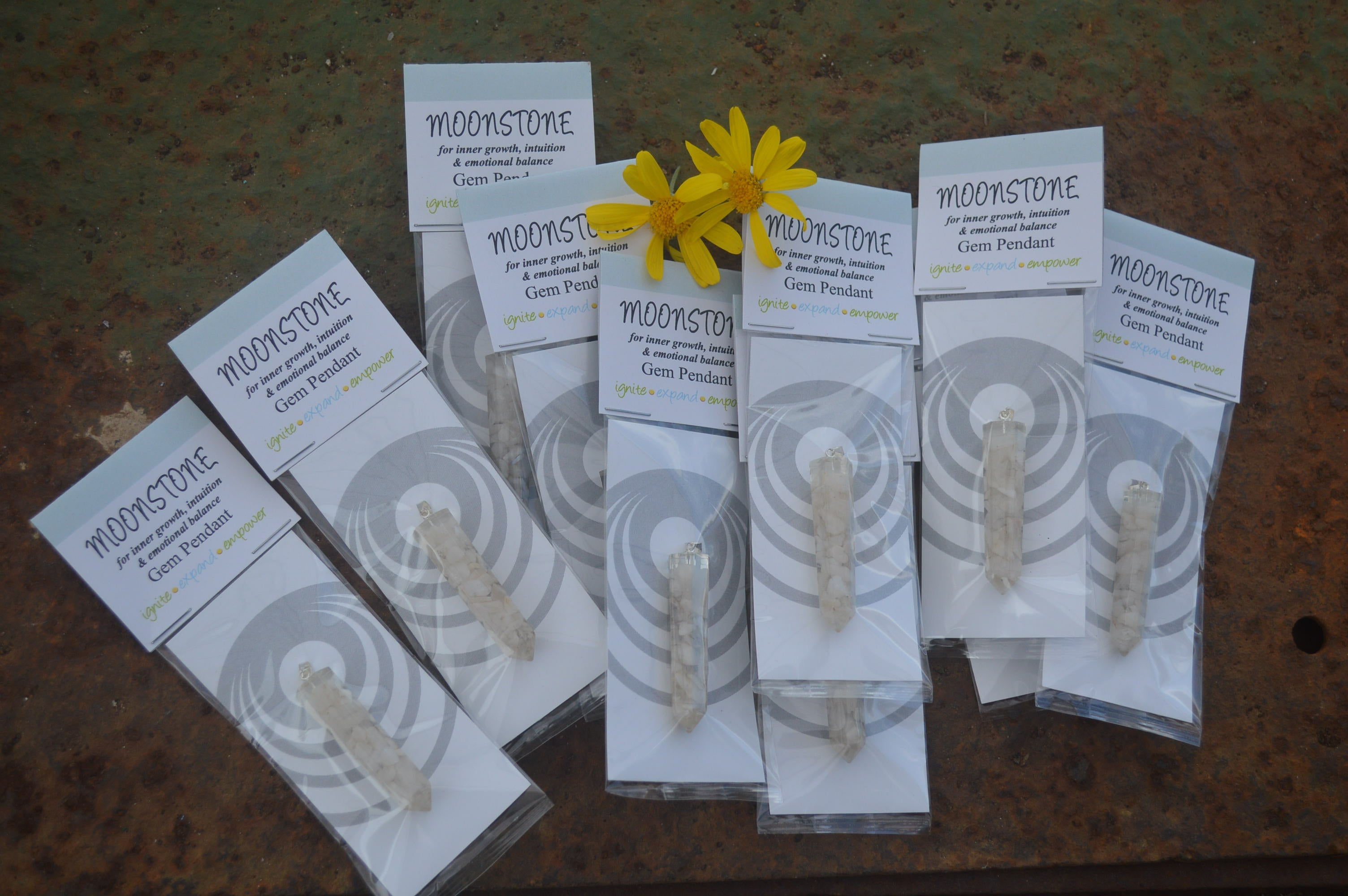 Polished Packaged Hand Crafted Resin Pendant with Moonstone Chips - sold per piece - From Bulwer, South Africa - TopRock