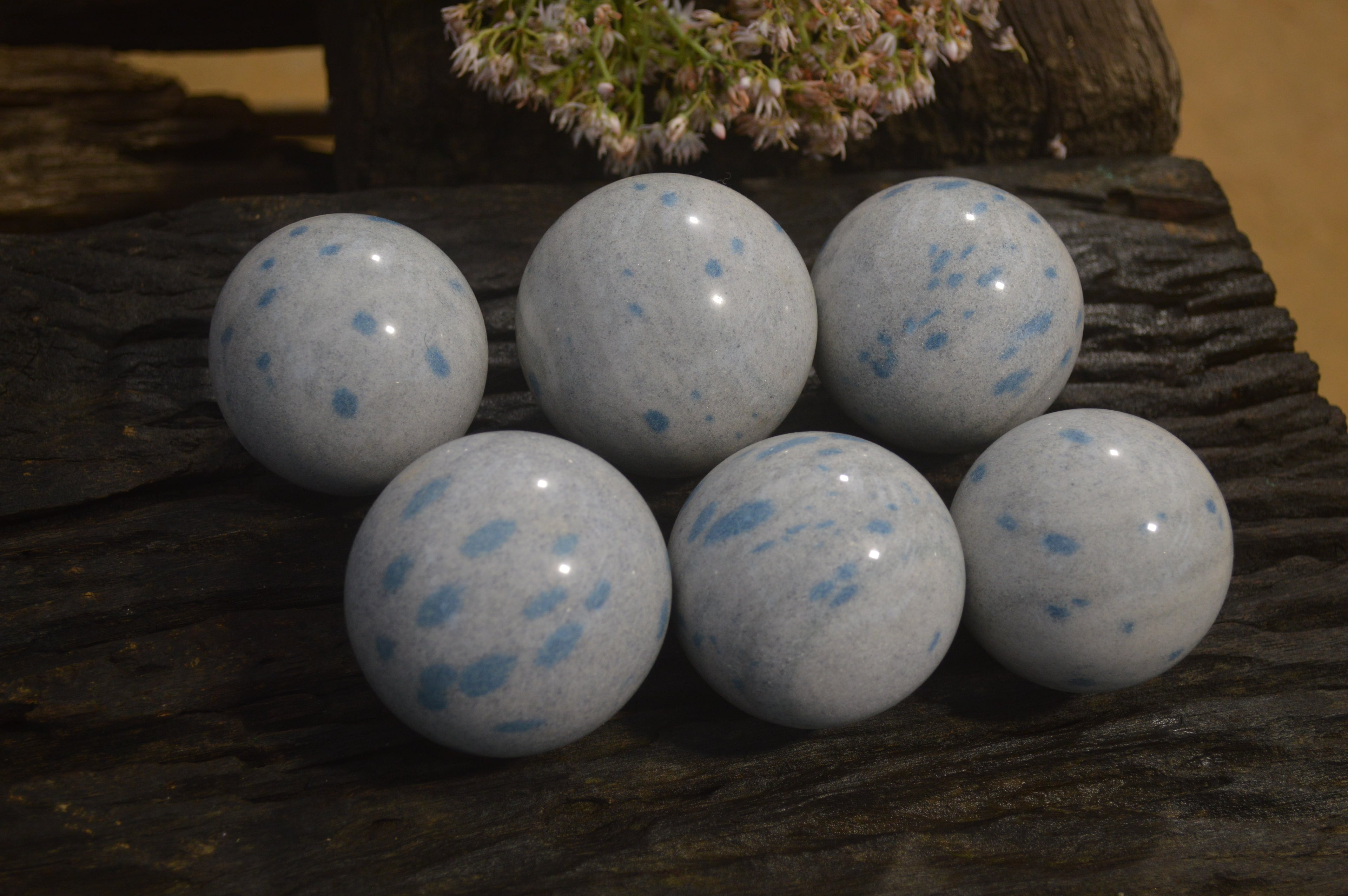 Polished Blue Spotted Spinel Quartz Spheres x 6 From Madagascar - Toprock Gemstones and Minerals 