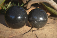 Polished Black Basalt Spheres x 2 From Madagascar - Toprock Gemstones and Minerals 