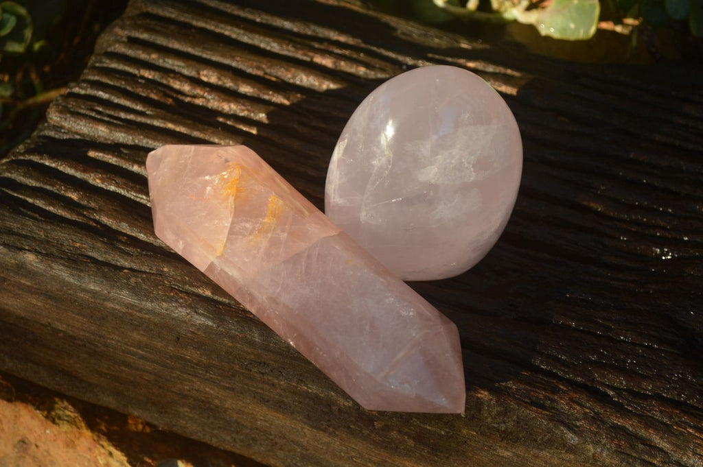 Polished Pink Rose Quartz Standing Free Form & DT Point x 2 From Antsirabe, Madagascar - Toprock Gemstones and Minerals 