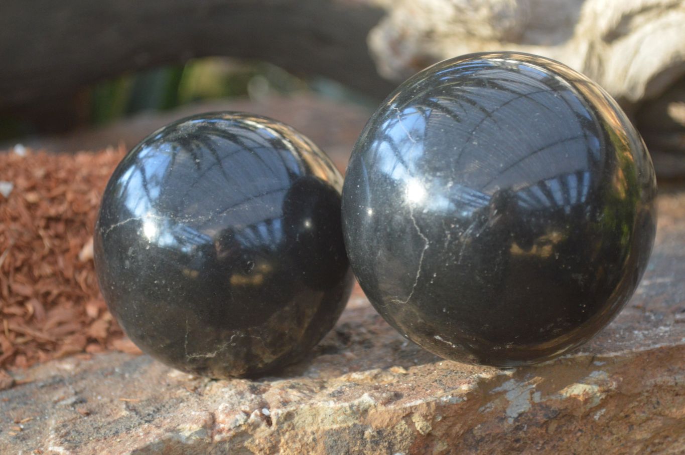 Polished Black Basalt Spheres x 2 From Madagascar - Toprock Gemstones and Minerals 