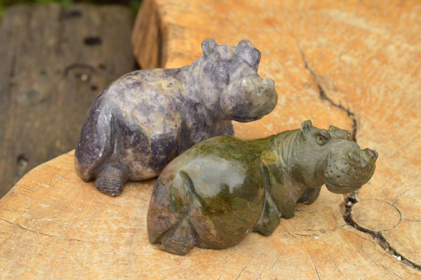 Polished Hand Carved Verdite & Lepidolite Hippos  x 3 From Zimbabwe - TopRock