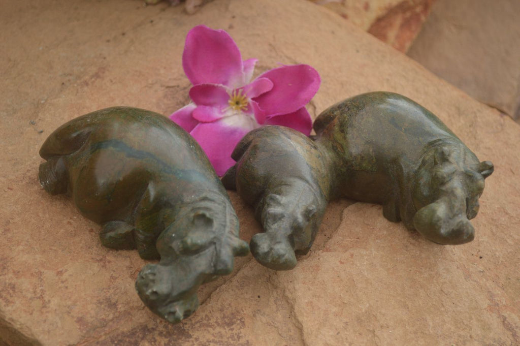 Polished Green Verdite Hippo Carvings  x 2 From Zimbabwe - TopRock