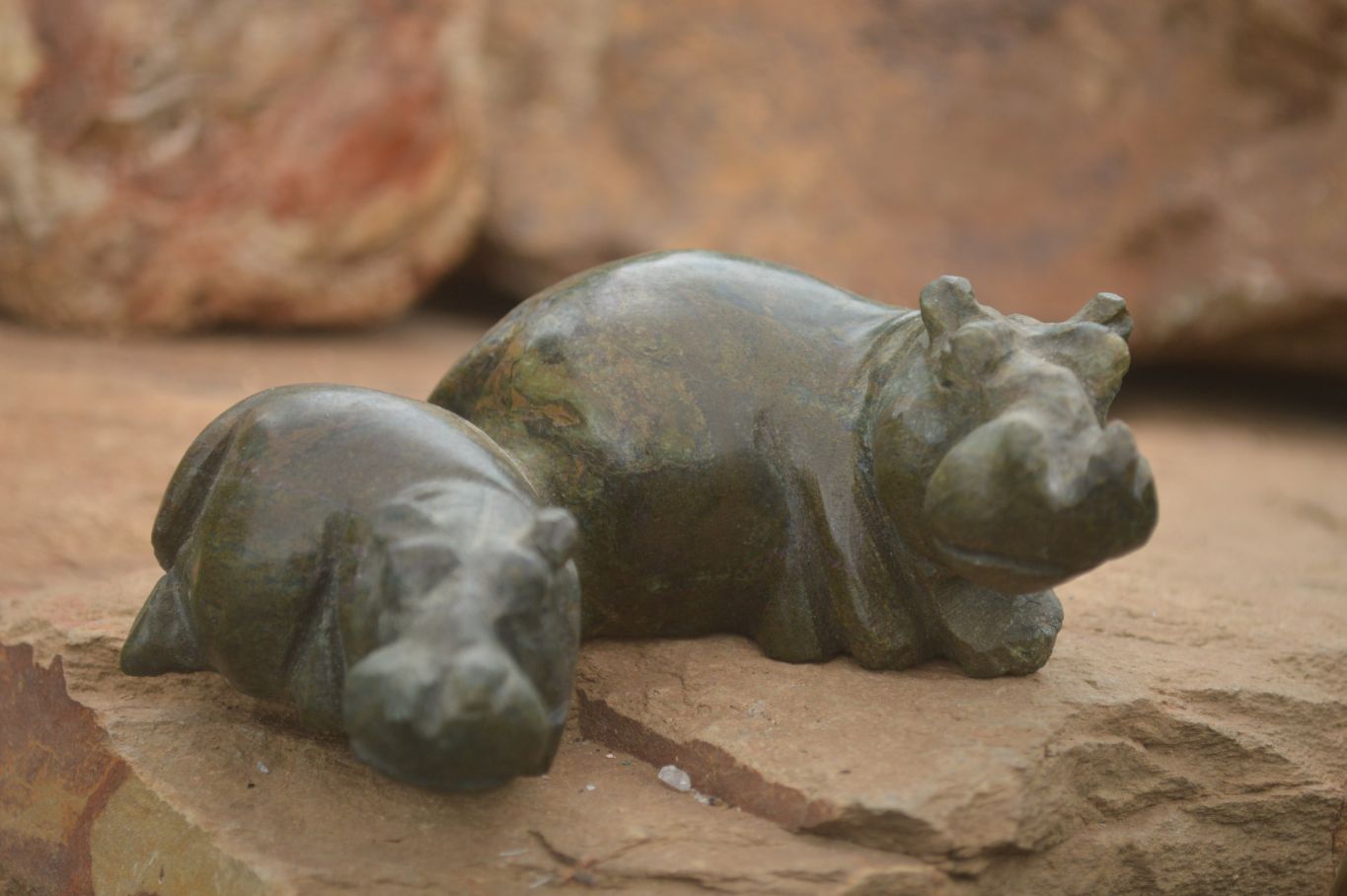 Polished Green Verdite Hippo Carvings  x 2 From Zimbabwe - TopRock