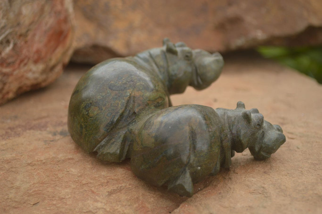 Polished Green Verdite Hippo Carvings  x 2 From Zimbabwe - TopRock