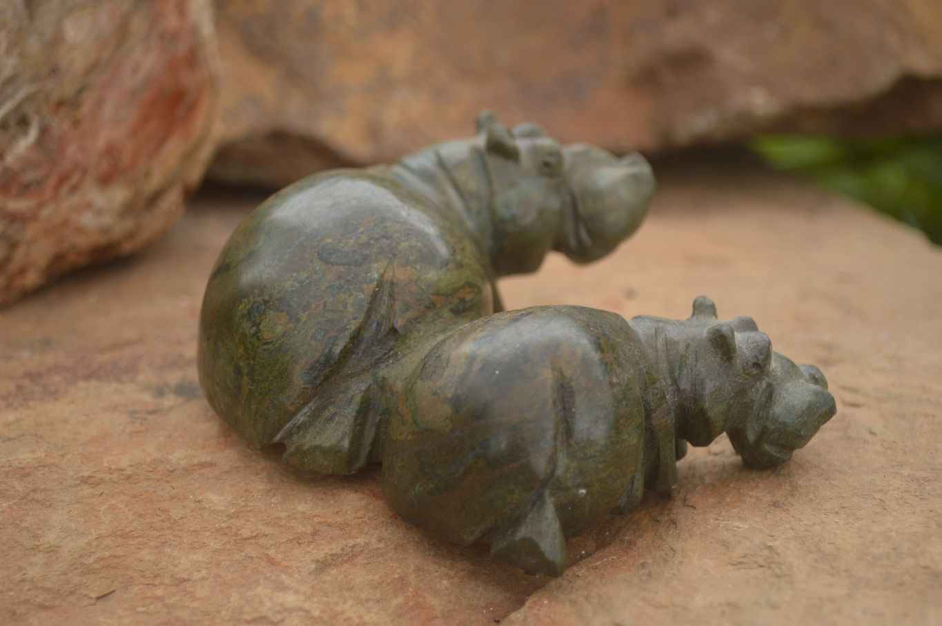 Polished Green Verdite Hippo Carvings  x 2 From Zimbabwe - TopRock
