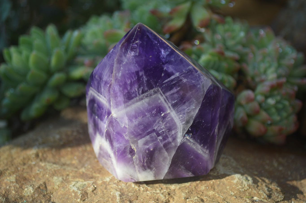 Polished Dark Chevron Amethyst Points x 3 From Zambia - Toprock Gemstones and Minerals 
