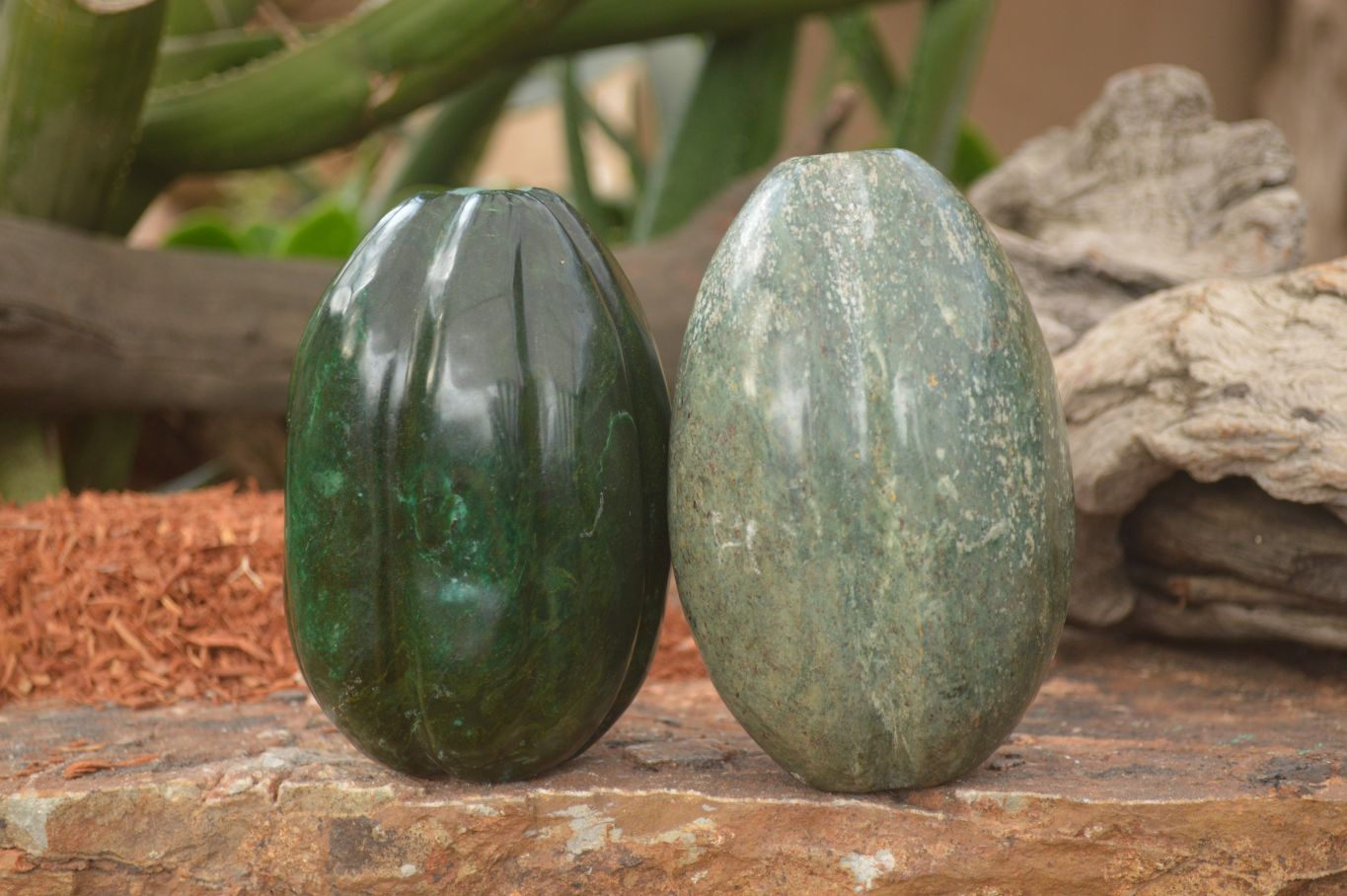 Polished Serpentine & Verdite Pumpkin Carvings x 2 From Zimbabwe - Toprock Gemstones and Minerals 