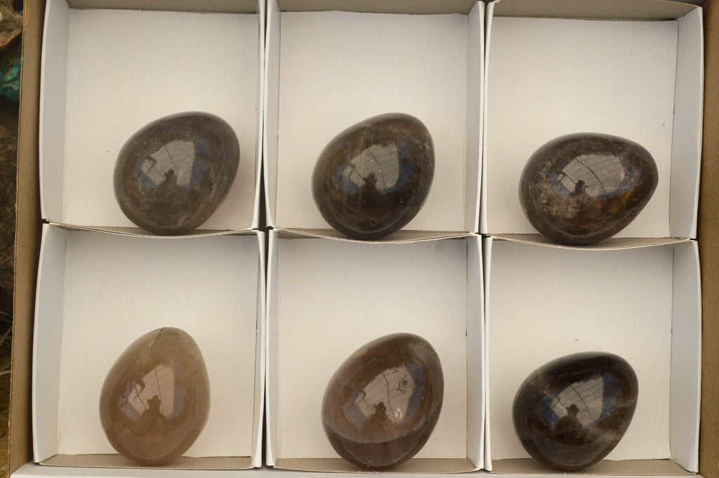 Polished Morion Smokey Quartz Eggs x 6 From Madagascar - TopRock