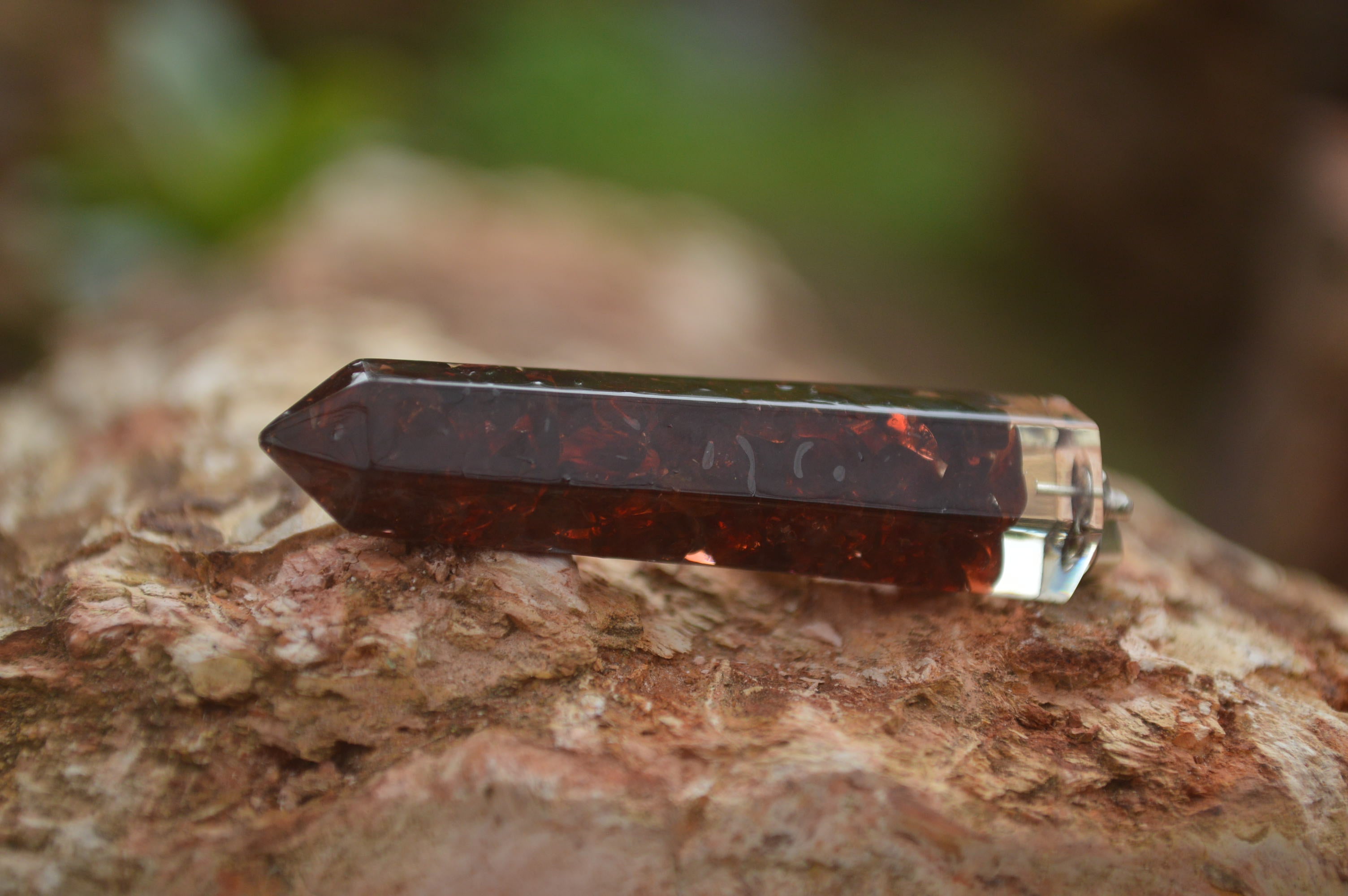 Polished Packaged Hand Crafted Resin Pendant with Red Pyrope Garnet Chips - sold per piece - From Bulwer, South Africa - TopRock