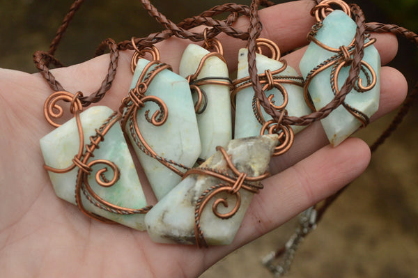 Polished Facetted Blue Smithsonite Free Forms Double Wrapped In Copper Art Wire x 6 From Congo - TopRock