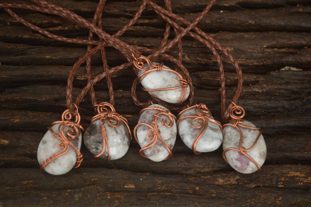 Polished  Copper Wire Wrapped Rubellite In Matrix Pendants x 6 From Madagascar - Toprock Gemstones and Minerals 