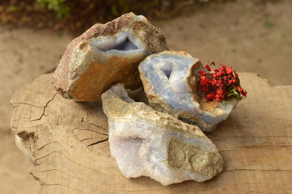 Natural Large Blue Lace Agate Geode Specimens  x 3 From Nsanje, Malawi - TopRock