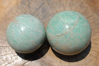 Polished Amazonite Spheres With Natural Flaws On One But Both Very Nice x 2 From Zimbabwe - TopRock