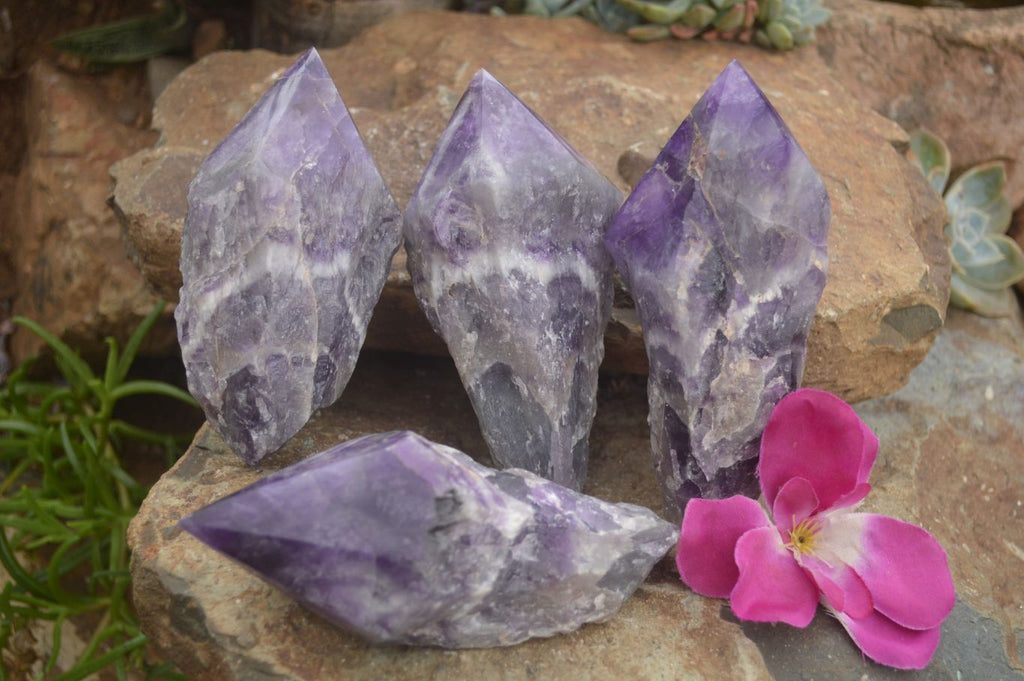 Polished "Witches Hat" Amethyst Crystals  x 4 From Zambia - TopRock