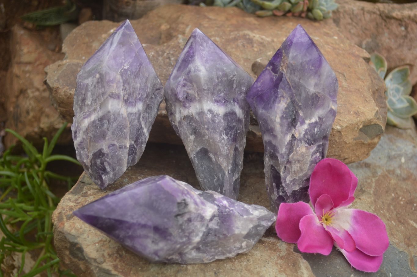 Polished "Witches Hat" Amethyst Crystals  x 4 From Zambia - TopRock