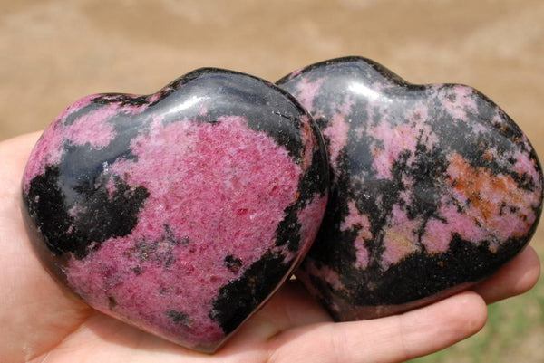 Polished Large Intense Pink Rhodonite Hearts (Minimal Chromite) x 2 From Ambindavato, Madagascar - TopRock