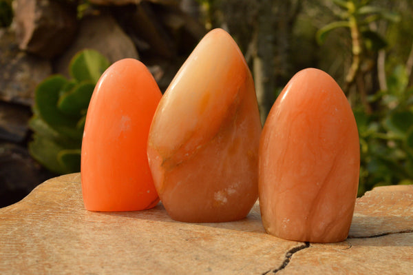 Polished Vibrant Orange Twist Calcite Standing Free Forms  x 3 From Maevantanana, Madagascar - TopRock