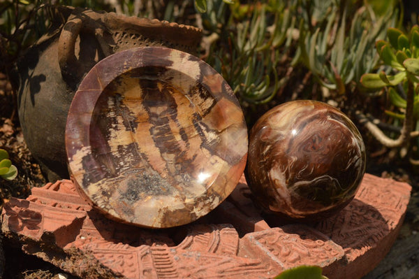 Polished Petrified Red Podocarpus Wood Sphere & Bowl Combo  x 2 From Mahajanga, Madagascar