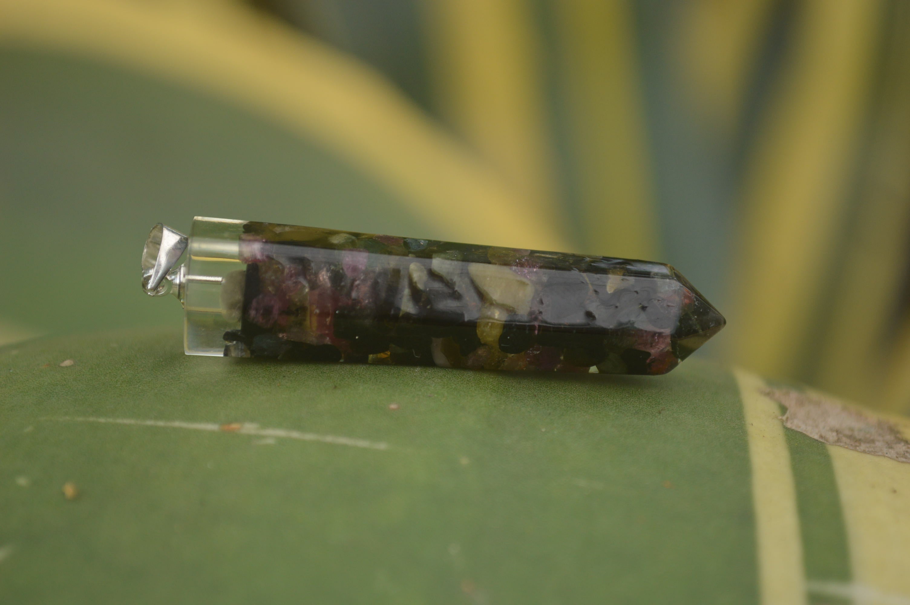 Polished Packaged Hand Crafted Resin Pendant with Rainbow Tourmaline Chips - sold per piece - From Bulwer, South Africa - TopRock