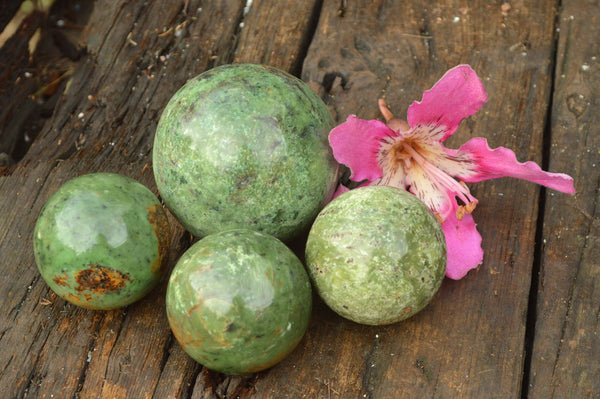 Polished Small & Medium Sized Green Chrysoprase Spheres x 4 From Ambatondrazaka, Madagascar - TopRock