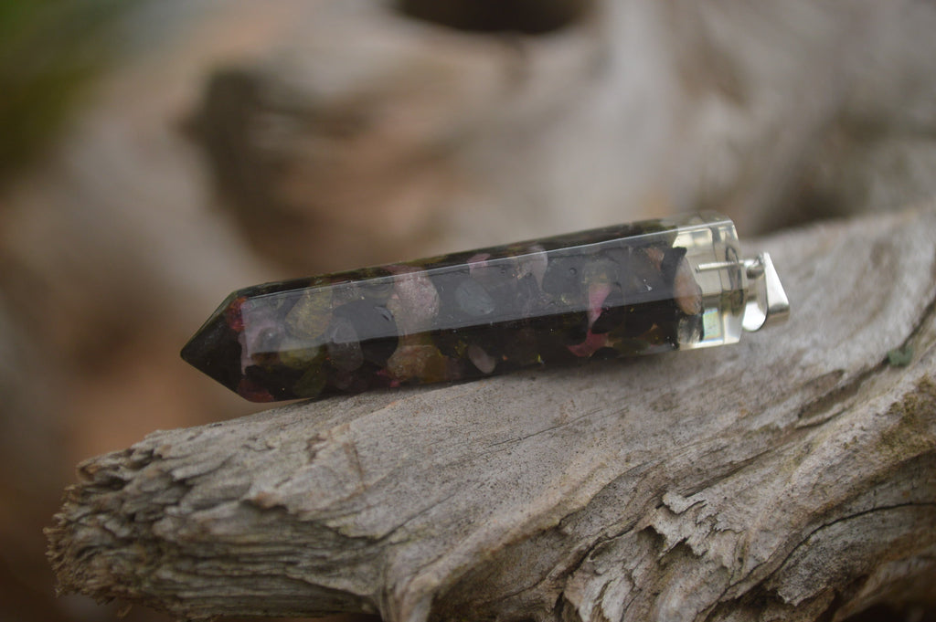 Polished Packaged Hand Crafted Resin Pendant with Rainbow Tourmaline Chips - sold per piece - From Bulwer, South Africa - TopRock