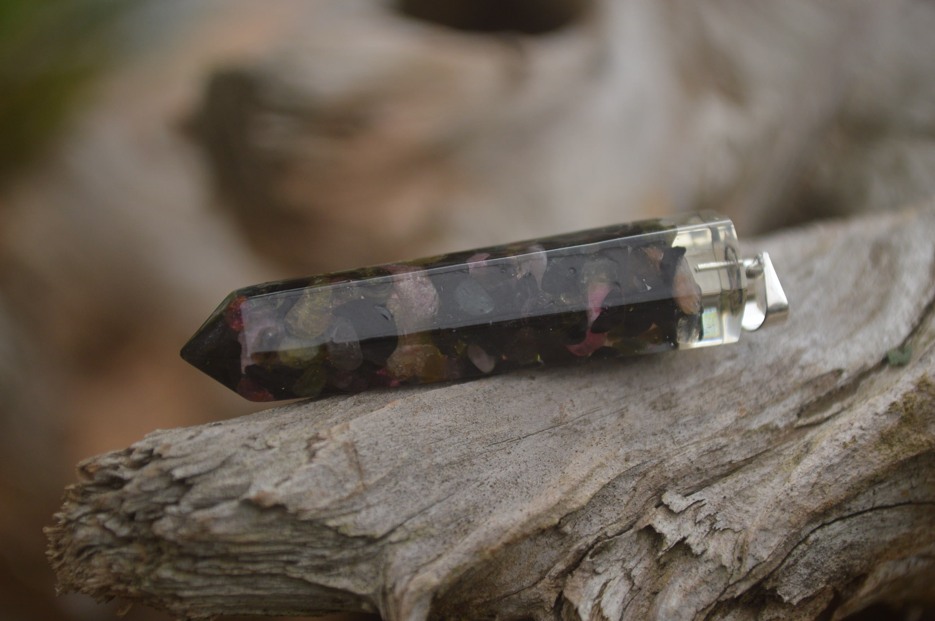 Polished Packaged Hand Crafted Resin Pendant with Rainbow Tourmaline Chips - sold per piece - From Bulwer, South Africa - TopRock