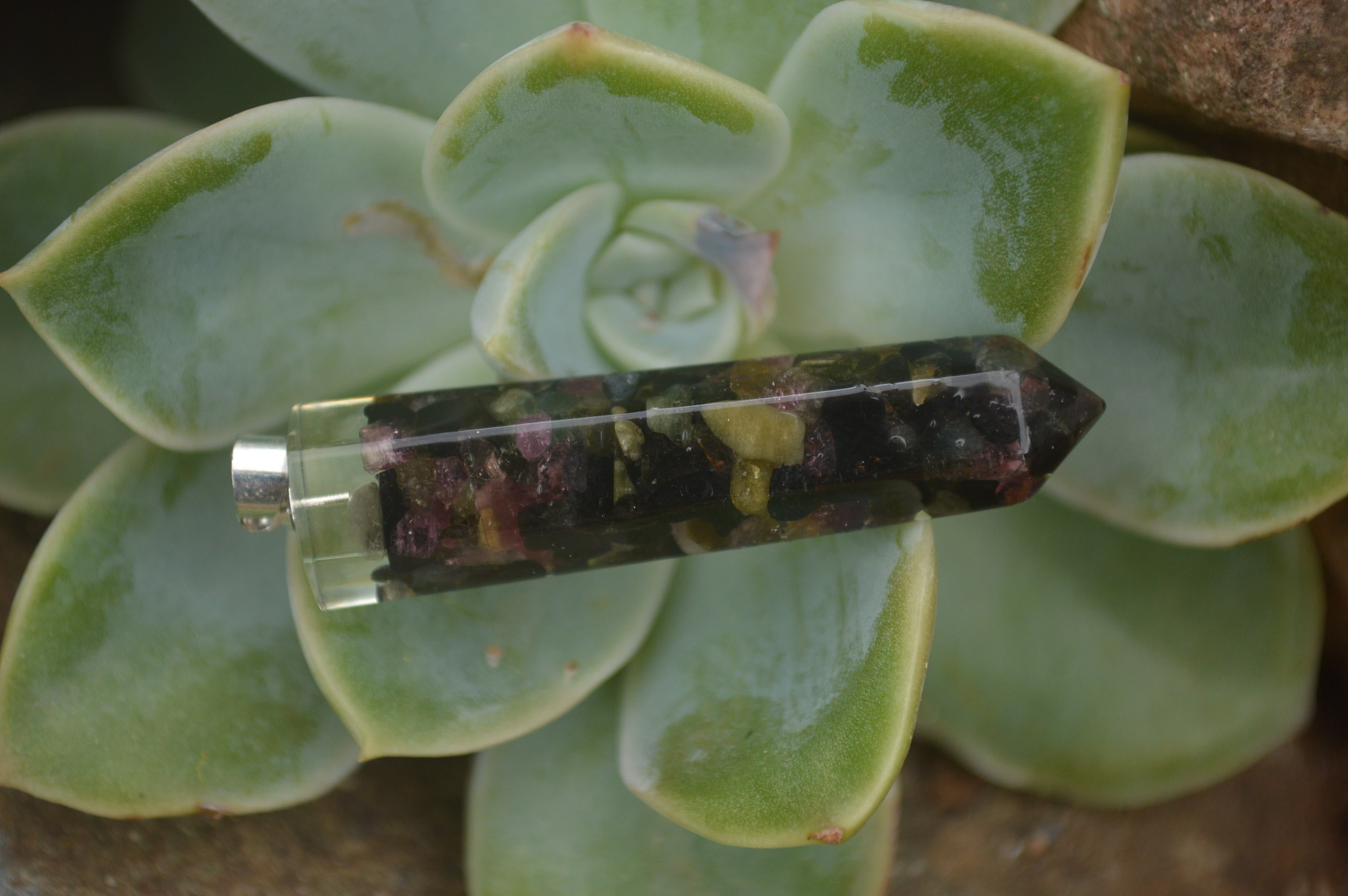 Polished Packaged Hand Crafted Resin Pendant with Rainbow Tourmaline Chips - sold per piece - From Bulwer, South Africa - TopRock