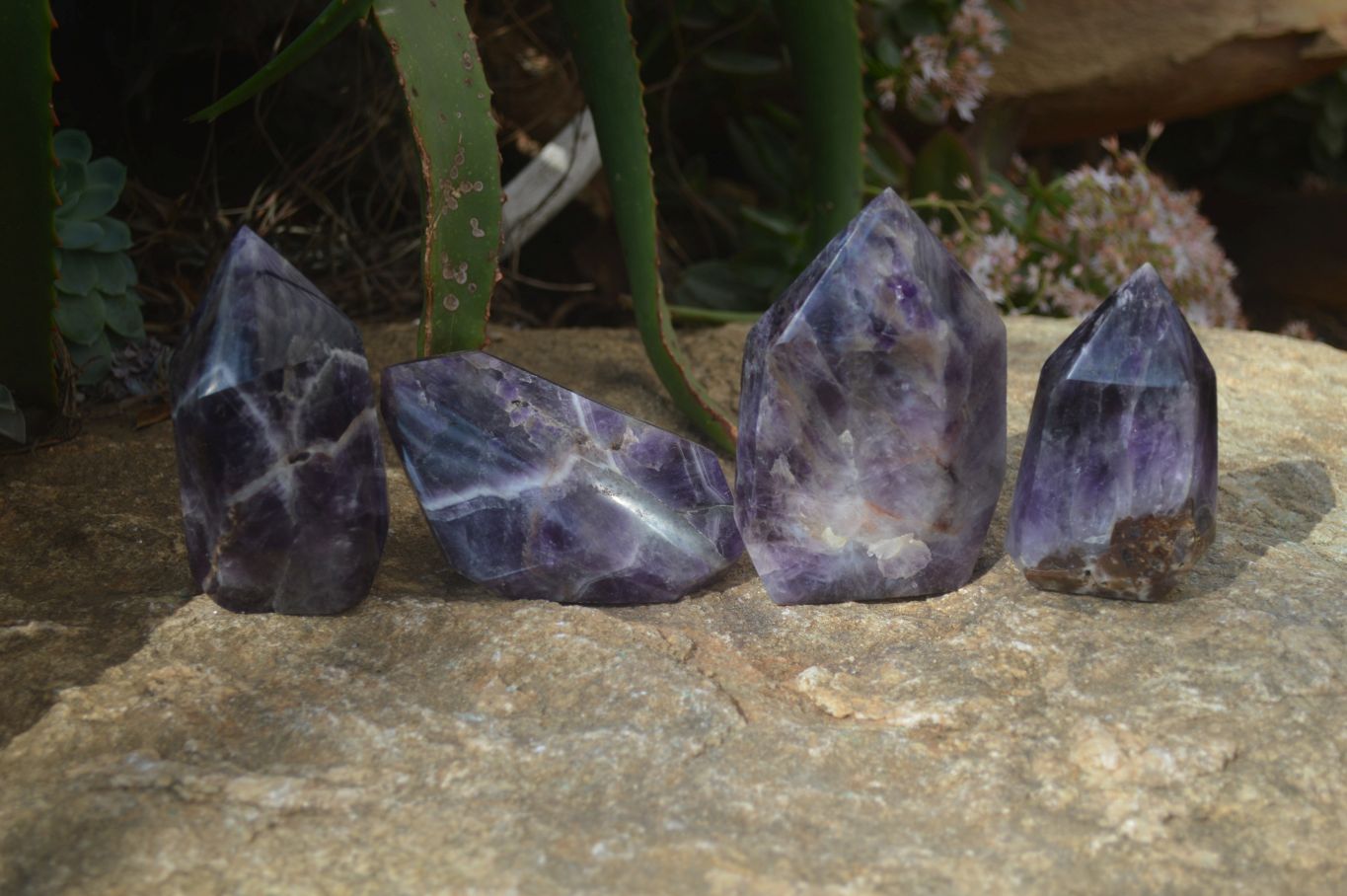 Polished Chevron Amethyst Points x 4 From Zambia - Toprock Gemstones and Minerals 