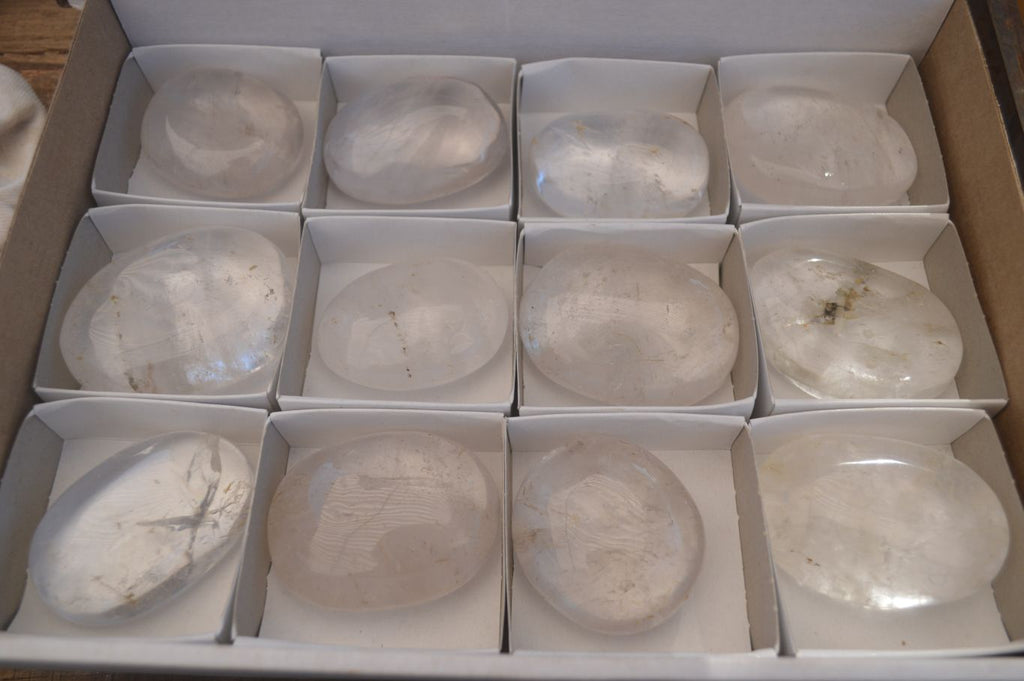Polished Large Clear Quartz Galet / Palm Stones With Reflective Veils x 12 From Madagascar - Toprock Gemstones and Minerals 