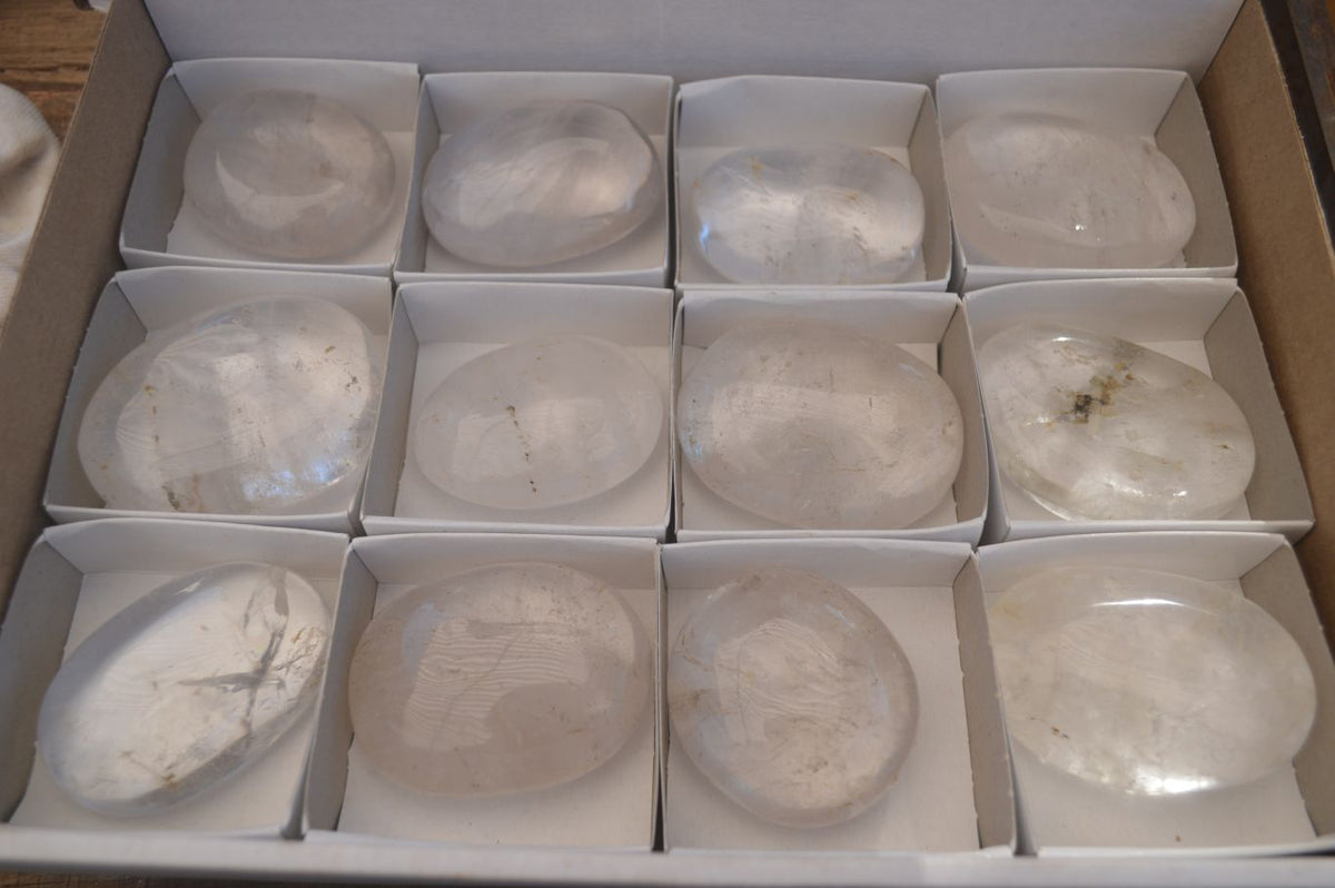 Polished Large Clear Quartz Galet / Palm Stones With Reflective Veils x 12 From Madagascar - Toprock Gemstones and Minerals 