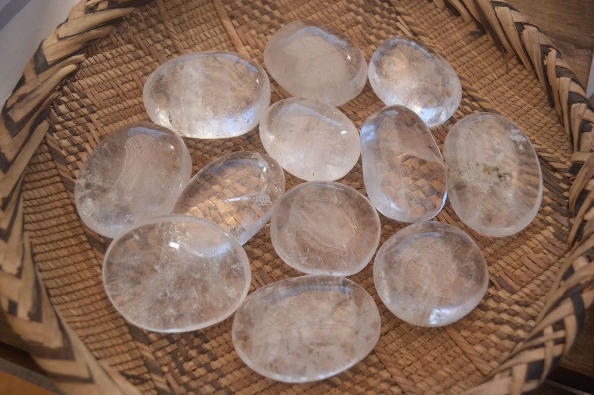 Polished Large Clear Quartz Galet / Palm Stones With Reflective Veils x 12 From Madagascar - Toprock Gemstones and Minerals 