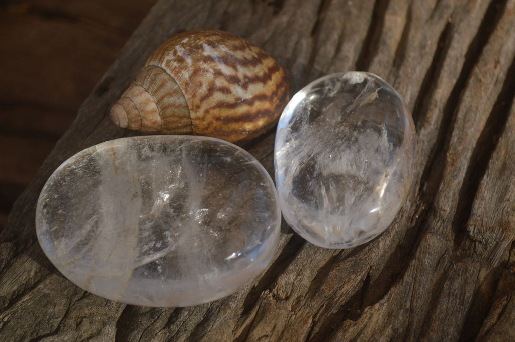 Polished Large Clear Quartz Galet / Palm Stones With Reflective Veils x 12 From Madagascar - Toprock Gemstones and Minerals 
