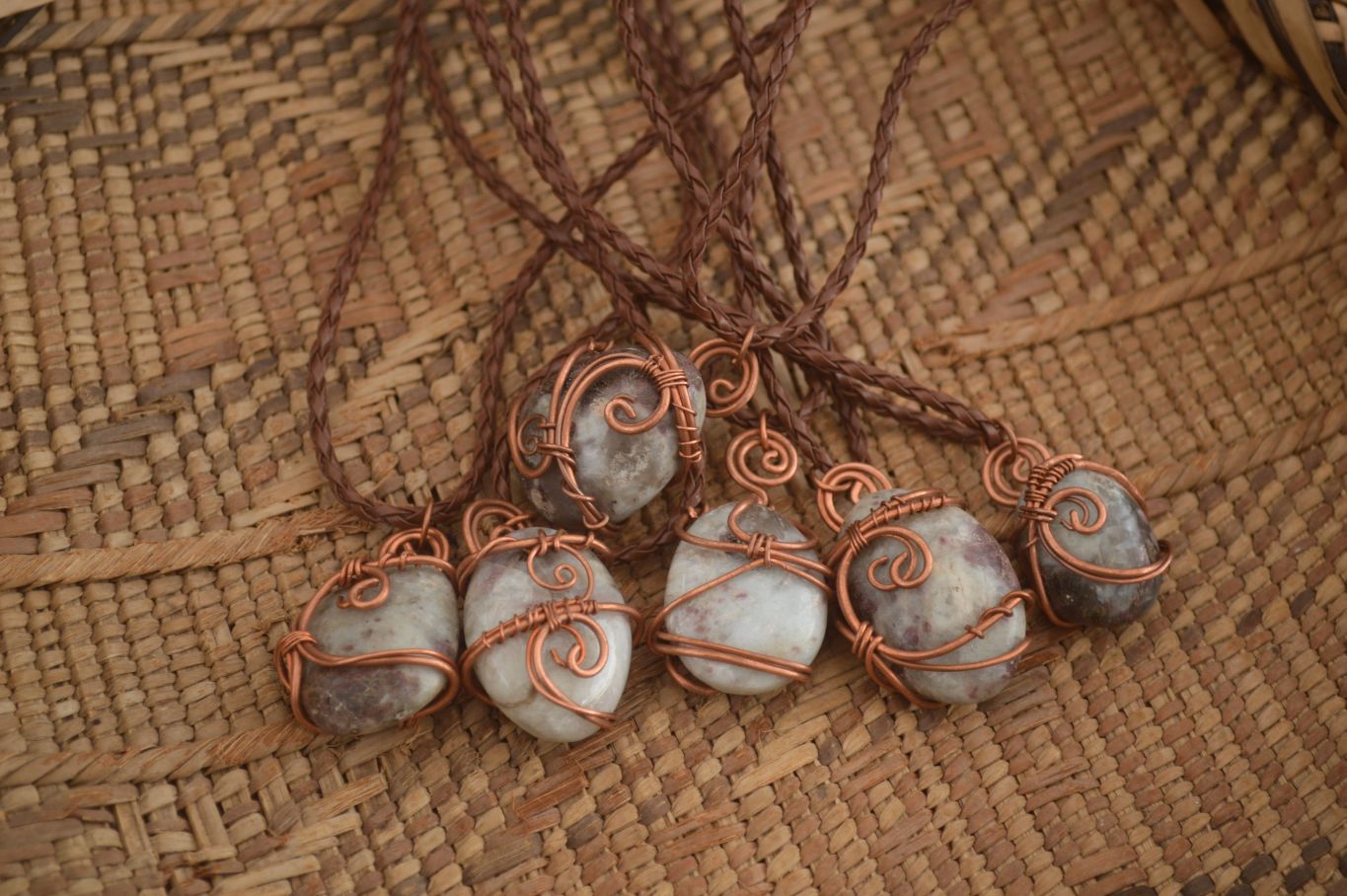 Polished  Copper Wire Wrapped Rubellite In Matrix Pendants x 6 From Madagascar - Toprock Gemstones and Minerals 