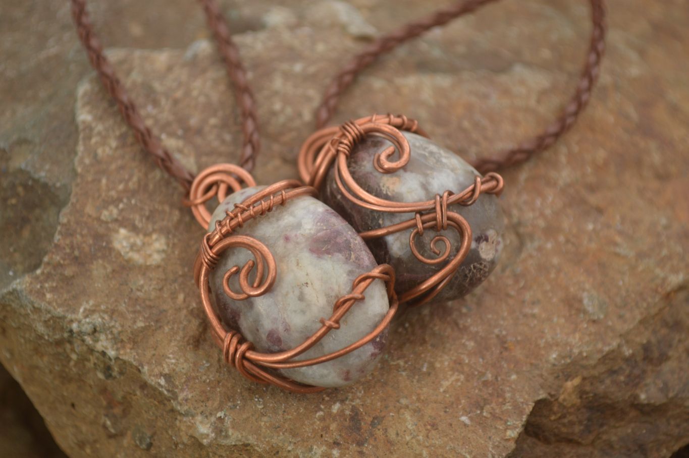 Polished  Copper Wire Wrapped Rubellite In Matrix Pendants x 6 From Madagascar - Toprock Gemstones and Minerals 