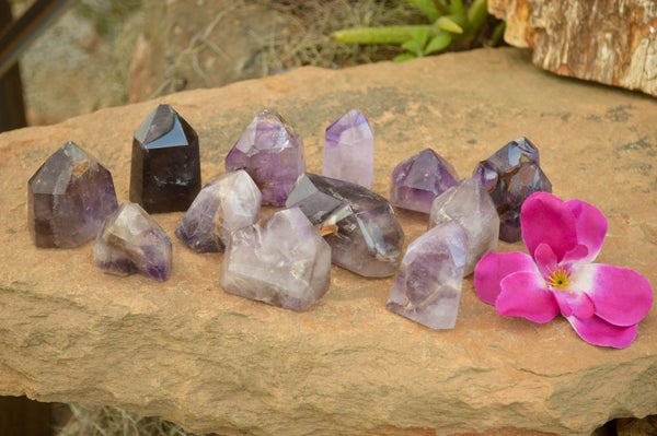 Polished Amethyst / Smokey Amethyst Window Quartz Crystals  x 12 From Akansobe, Madagascar - TopRock