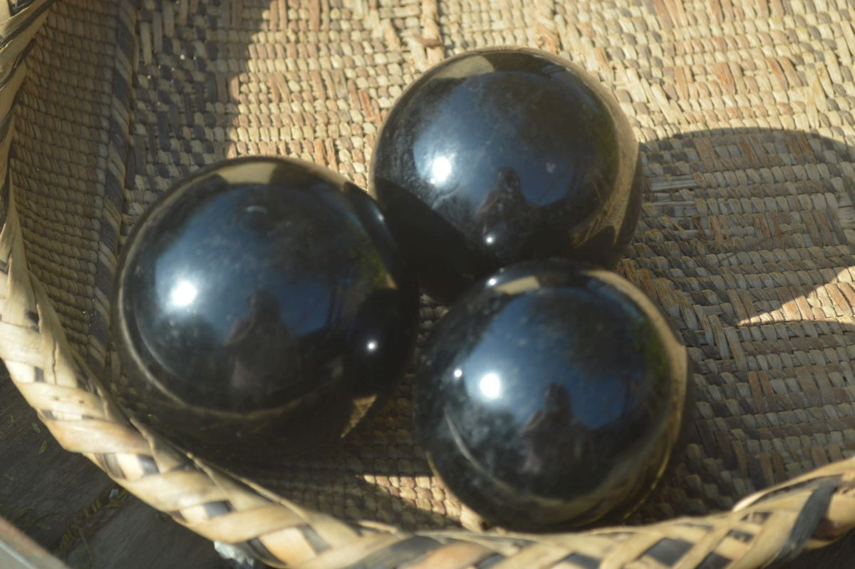 Polished Schorl Black Tourmaline Spheres x 3 From Madagascar - Toprock Gemstones and Minerals 