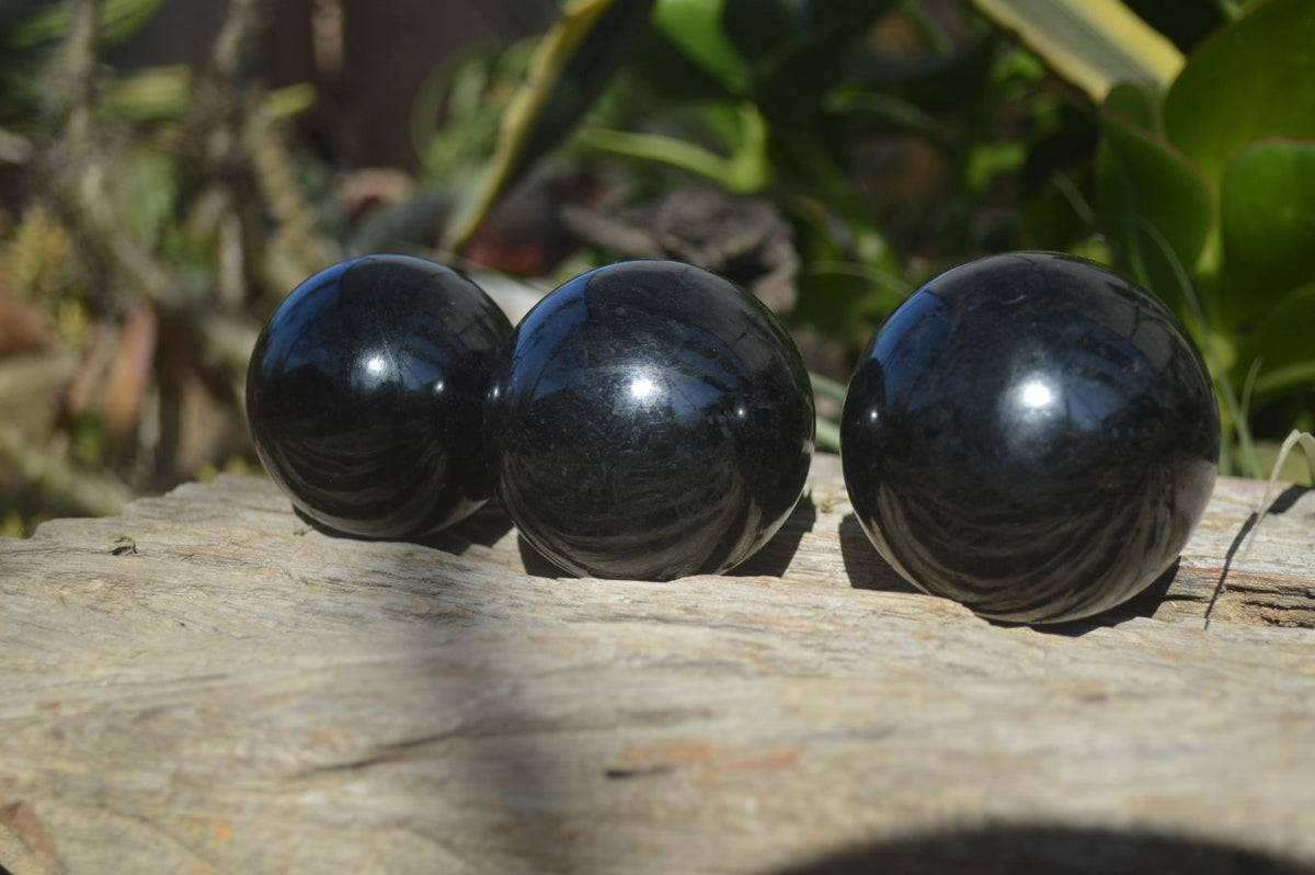Polished Schorl Black Tourmaline Spheres x 3 From Madagascar - Toprock Gemstones and Minerals 