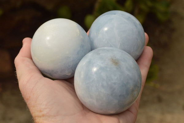 Polished Small Cheap Baby Blue Calcite Spheres  x 6 From Ihadilalana, Madagascar - TopRock